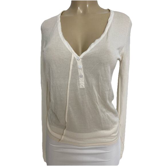 Liviana Conti Long Sleeve Top Blouse Silk Cotton Ivory V neck Knit Button M - Picture 1 of 9